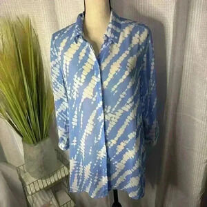 Chicos Women’s 2 US L Sheer Hidden Button Blue High Low Tunic Top Long Sleeves